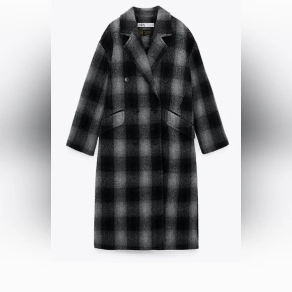 Zara - 100% Wool - Plaid Long Coat in Black and Gray - NWT!